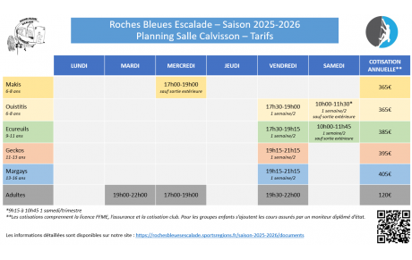 Planning et tarifs saison 2025-2026